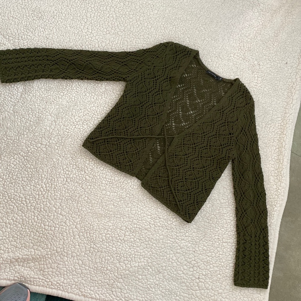 Olive Green. Crochet cardigan. Worn only once. Soft and perfect for spring.